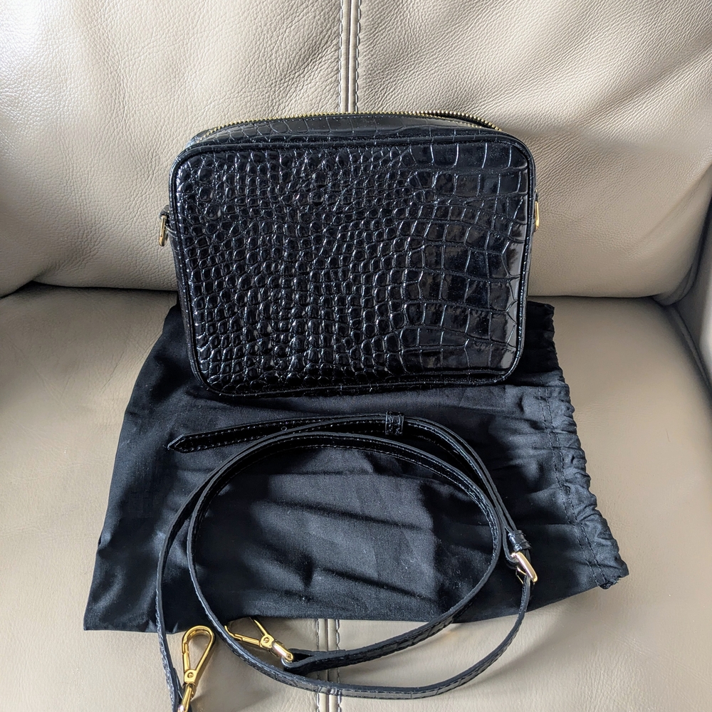 Quince Black Crocodile-Embossed Italian Leather Crossbody Bag